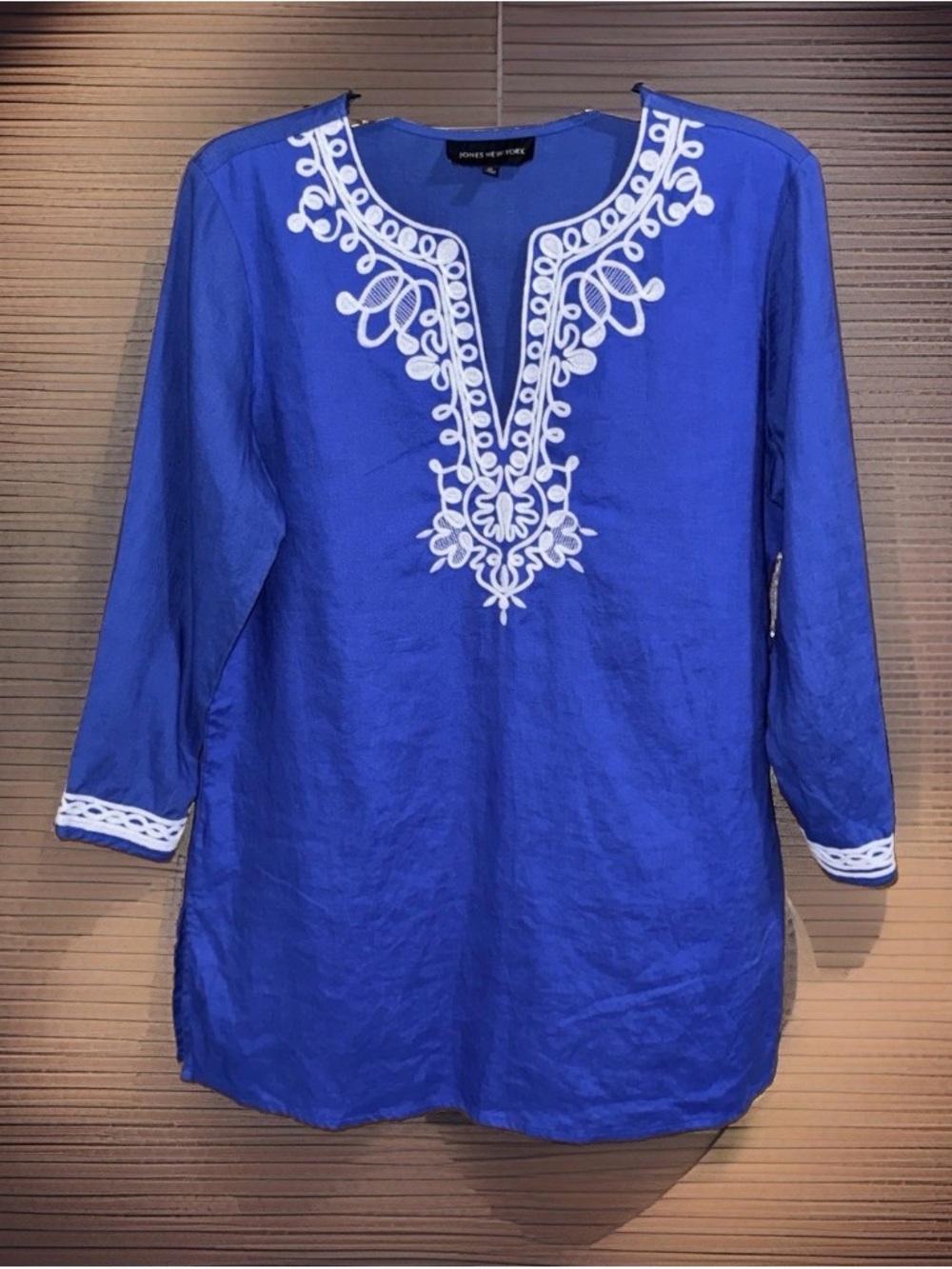 Jones New York Blue Embroidered Split-Neck Linen Tunic-M-EC